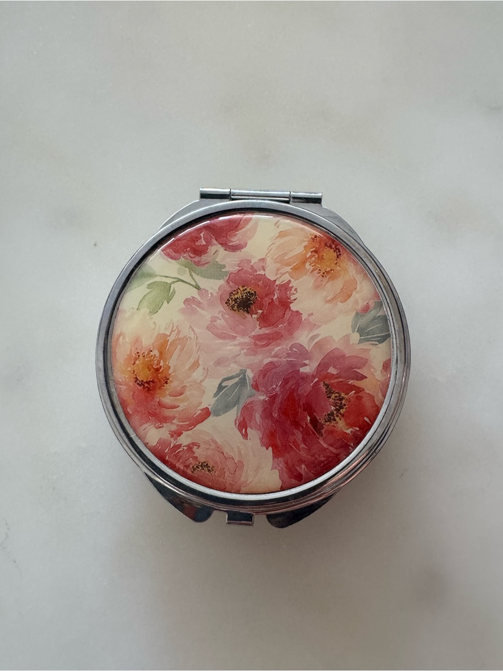 Floral Compact Pill Box With Mirror
